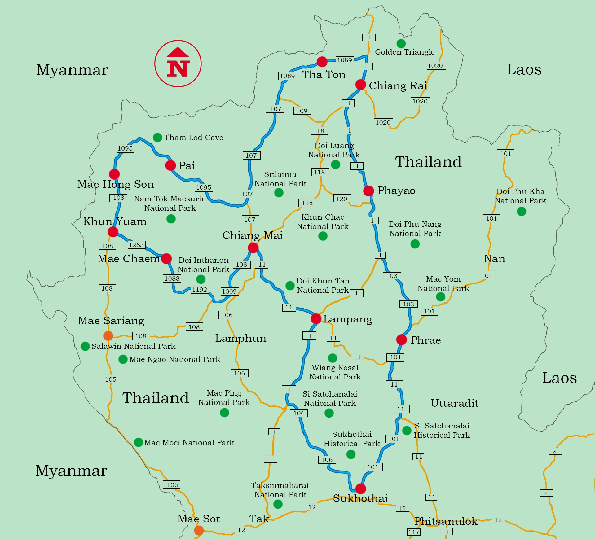 Northern Thailand Road Trip Map